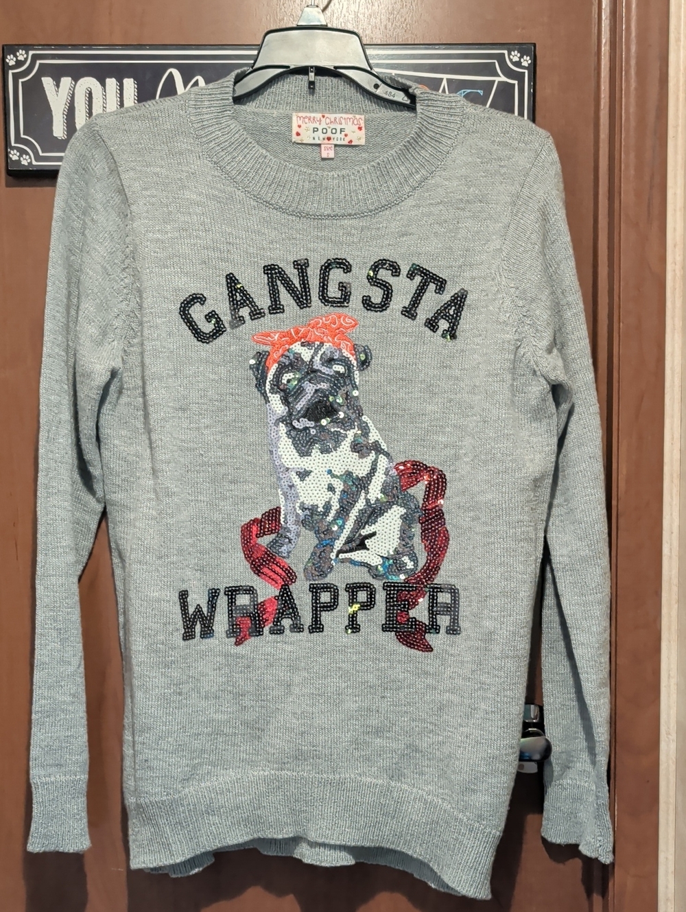 'Gangsta Wrapper' Sequin Pug Crewneck Sweater - Light Gray Holiday Xmas